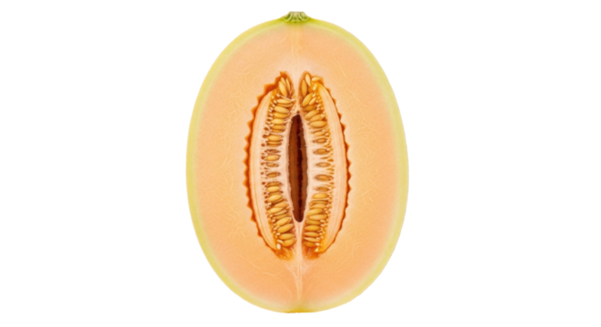 Isolated half cantaloupe melon, healthy ingredient for dessert, seasonal fruit, natural sweets