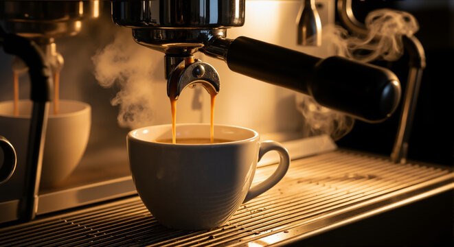 Espresso machine brewing a fresh shot of hot coffee. Close-up of a double espresso pouring into a cup with steam. Caf√© beverage preparation.