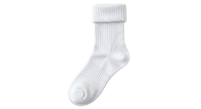 A single white ribbed sock with a folded cuff isolated on a black background