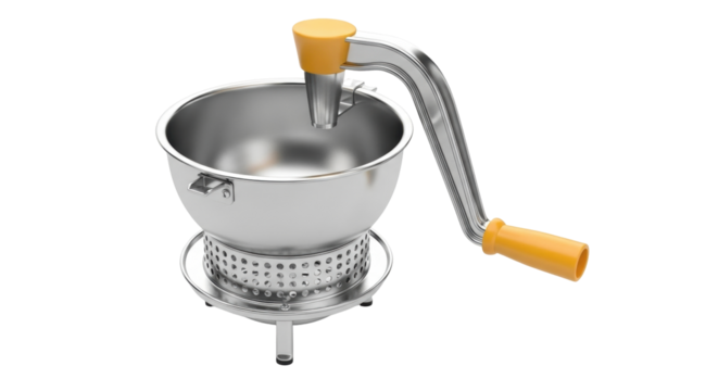 Isolated metal food mill for making purees and sauces, tomato strainer, stainless steel food tool