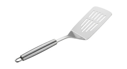 Isolated slotted turner rests at an angle, a cooking utensil with a silver handle & spatula head