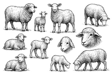 Sheep and lamb sketches in detailed vintage engraving style, Transparent Background
