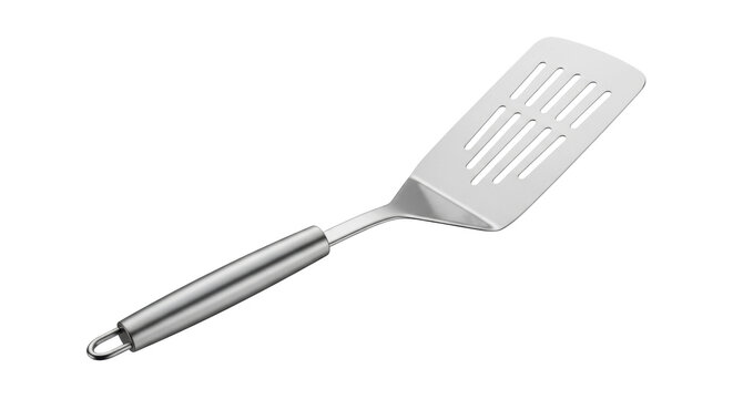 Isolated slotted turner rests at an angle, a cooking utensil with a silver handle & spatula head
