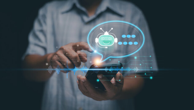 AI chatbot and virtual assistant communication concept. Person using smartphone with holographic chatbot icon. Customer support automation, voice recognition and digital conversation technology.