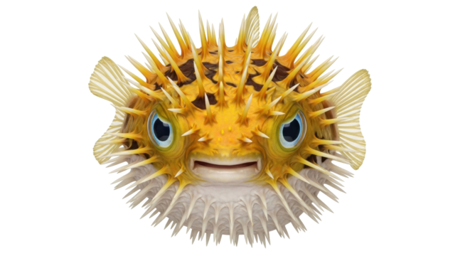 Isolated pufferfish inflating, defensive spikes, funny and cute tropical fish, ocean creature