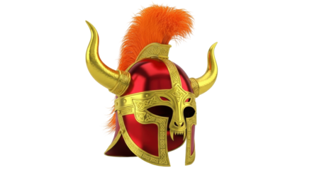 Isolated Viking helmet with horns and red crest, Medieval battle headgear, shiny and bright