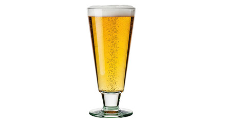 Isolated glass of refreshing golden beer with white foam bubbles and condensation droplets