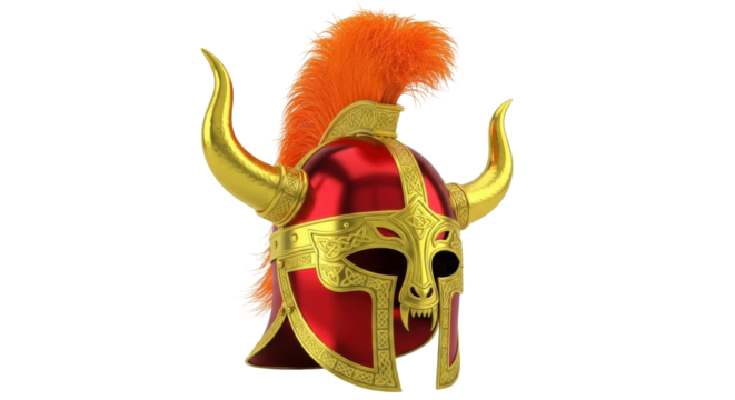 Isolated Viking helmet with horns and red crest, Medieval battle headgear, shiny and bright