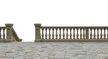 Elegant stone balustrade and steps creating a grand entrance with a dark background