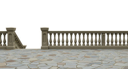 Elegant stone balustrade and steps creating a grand entrance with a dark background