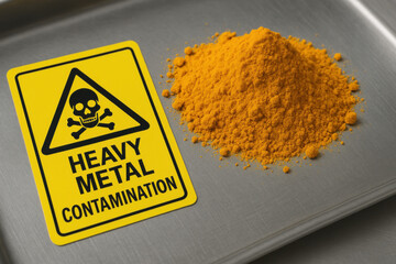 Heavy metal contamination warning label next to turmeric powder on tray. serious scene about food safety testing, inspection, and concept of chemical risk