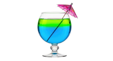 Isolated Cocktail with Blue and Green Liquid and Paper Umbrella, Close-up Front View