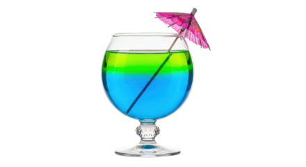 Isolated Cocktail with Blue and Green Liquid and Paper Umbrella, Close-up Front View