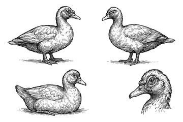 Duck sketches in detailed vintage engraving style, Transparent Background