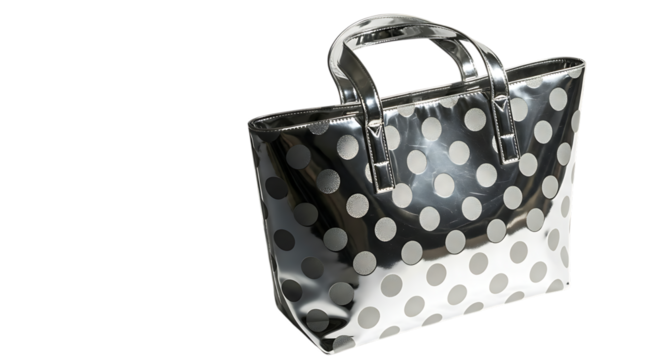 A transparent vinyl tote bag with a playful polka dot pattern and sturdy handles against a dark background
