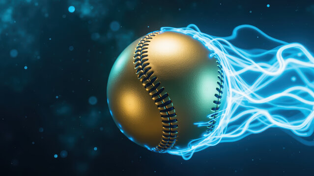 Golden baseball with glowing trail, representing speed and motion, set against dark, ethereal background