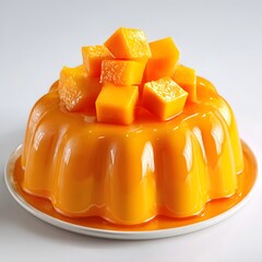 Vibrant Tropical Mango Pudding Jelly Dessert Topped with Fresh Cubes