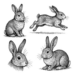 Rabbit sketches in detailed vintage engraving style, Transparent Background