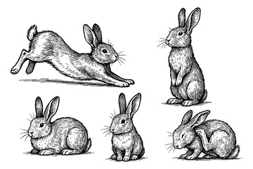 Rabbit sketches in detailed vintage engraving style, Transparent Background