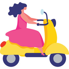 A Woman In A Pink Dress Riding A Yellow Scooter With A Transparent Background On White Isolated Object