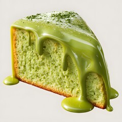 Matcha Green Tea Chiffon Cake Slice Dripping Creamy Glaze Icing
