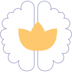 Abstract blue brain outline with a yellow stylized flower or leaf shape in the center on a transparent background representing creativity or thought