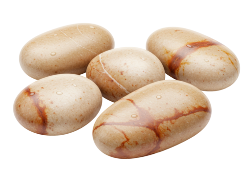 Isolated group of mottled tan pebbles. Smooth round stones, light with brown and tan veining.