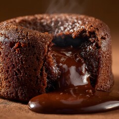 Close Up Dark Chocolate Lava Cake Steaming Core Oozing Rich Sauce