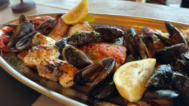 Grilled seafood plate, mussels, red and fish, squid. High quality 4k footage