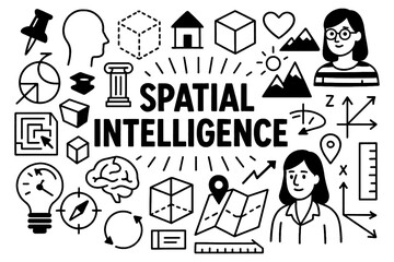 Spatial intelligence doodle composition with geometry, maps, and 3D visualization icons, Transparent Background