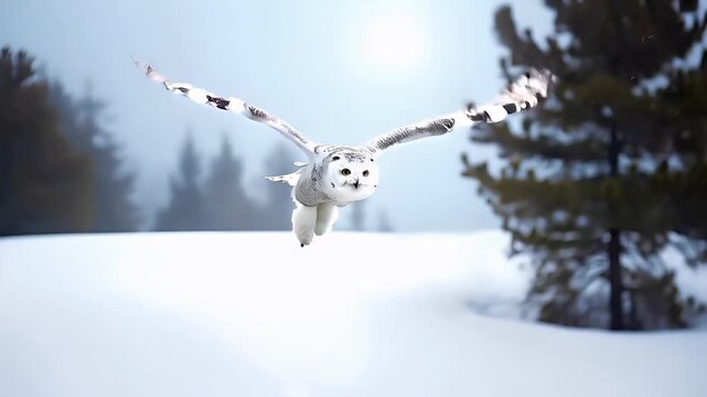 A snowy owl in midflight against a backdrop of a clear sky and snowcovered ground. The owls wings are spread wide, revealing its intricate feather patterns.