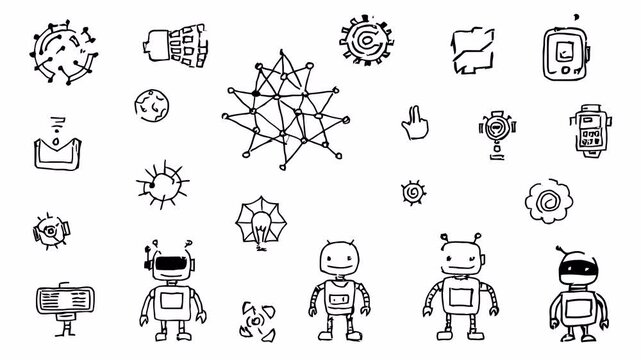 Hand-drawn doodle animation of futuristic robots and AI elements, black line sketches with alpha channel on transparent background.