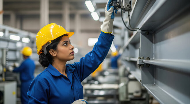 A female worker wearing a yellow safety helmet and blue uniform inspects equipment on a factory production line.