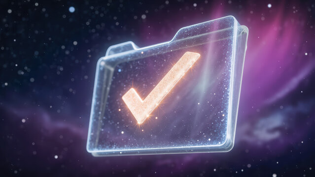 Glowing folder icon with checkmark symbolizes approval and organization in cosmic background