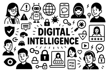 Digital intelligence doodle composition with people, laptops, and technology icons, Transparent Background
