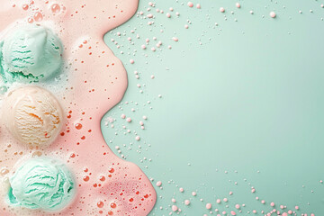 pastel ice cream scoops on mint background, pink melting pool with rainbow sprinkles, clean negative space,