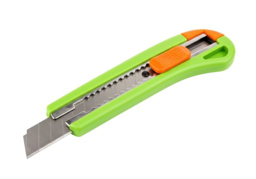 Isolated green and orange utility knife with exposed blade is positioned on a seamless surface