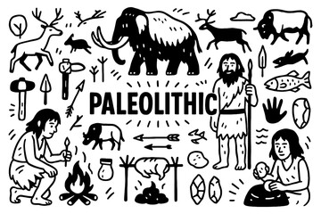 Paleolithic era with early humans, hunting, and stone tools in black and white doodle style, Transparent Background