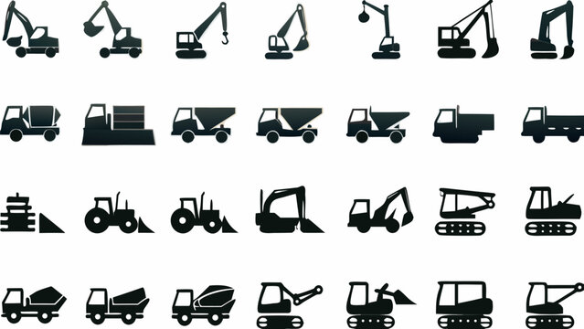 Illustration showing an assortment of construction vehicles including excavators trucks and tractors icons