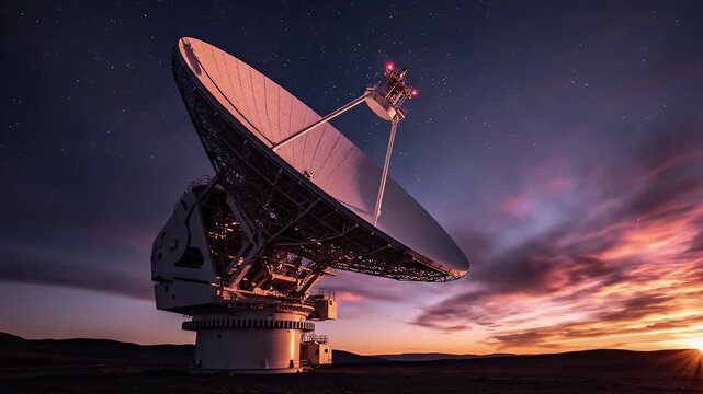 Massive satellite dish at sunset under a colorful sky