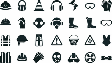 Illustration showing various safety equipment icons including helmets gloves and protective gear for safety at work