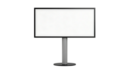 Blank white digital display screen on a stand against a dark background for advertising or information