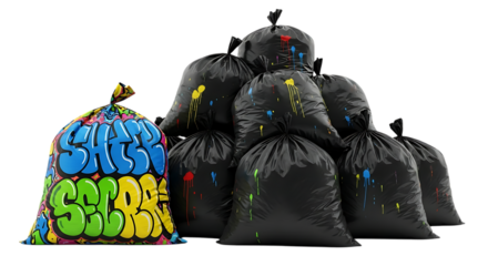 A single colorful graffiti art trash bag stands out amongst a pile of plain black garbage bags against a dark background