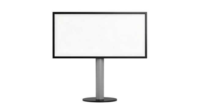Blank white digital display screen on a stand against a dark background for advertising or information
