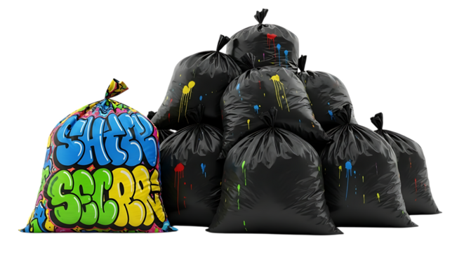 A single colorful graffiti art trash bag stands out amongst a pile of plain black garbage bags against a dark background