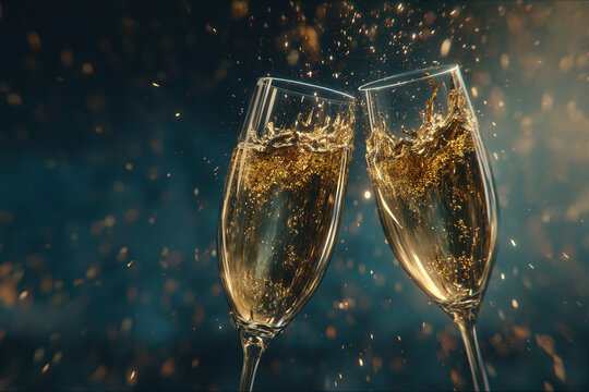 Raise a glass to success and celebration with sparkling champagne toasts and shimmering golden confetti.