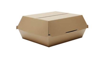 Closed brown cardboard food container with hinged lid and ventilation slots isolated on black background