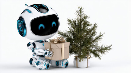 Christmas robot with blue accents holding gift box beside small pine tree, joyful holiday atmosphere, white background