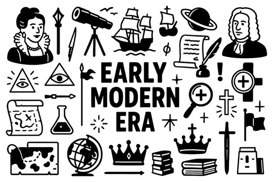 Early modern era concept with art, science, and exploration doodle illustration