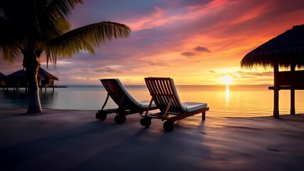 Aerial view of tropical beachfront during sunset with palm tree and thatchedroof hutswooden sun loungers on a wooden deck overlooking a serene ocean during sunset.